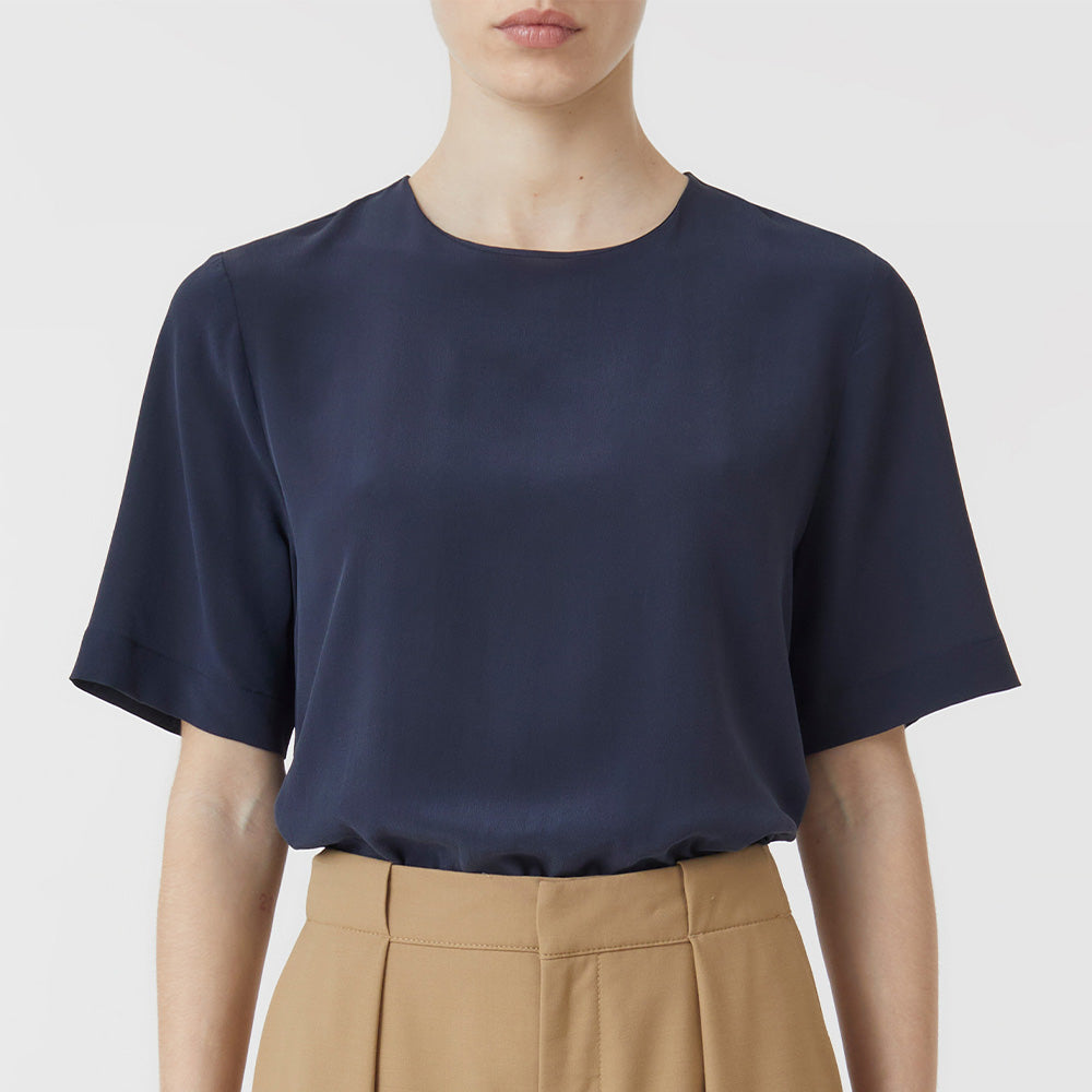 Style name short sleeve silk blouse navy