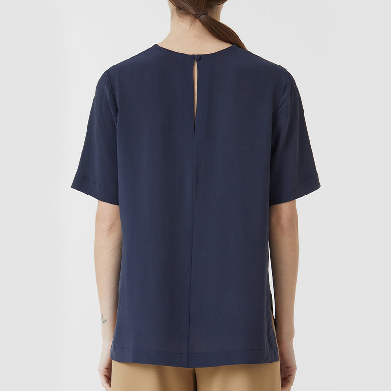 Style name short sleeve silk blouse navy