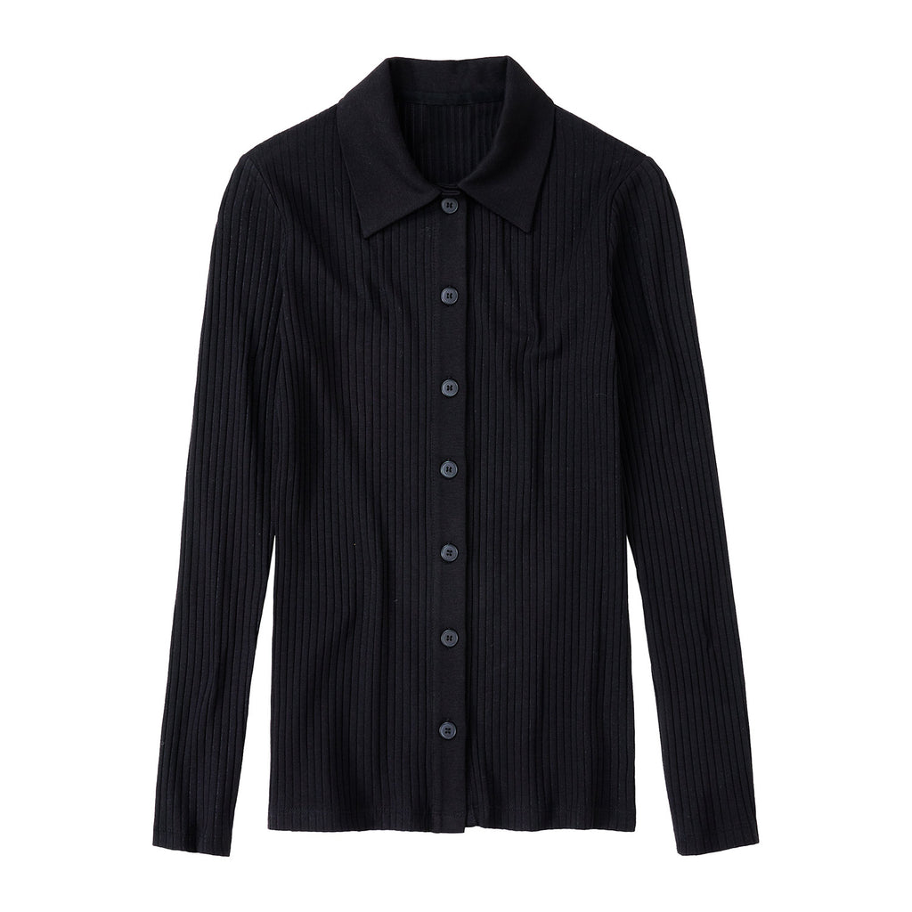 Rib buttoned polo longsleeve black