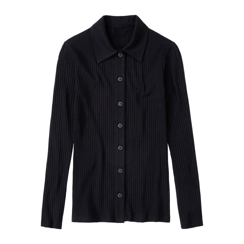 Rib buttoned polo longsleeve black