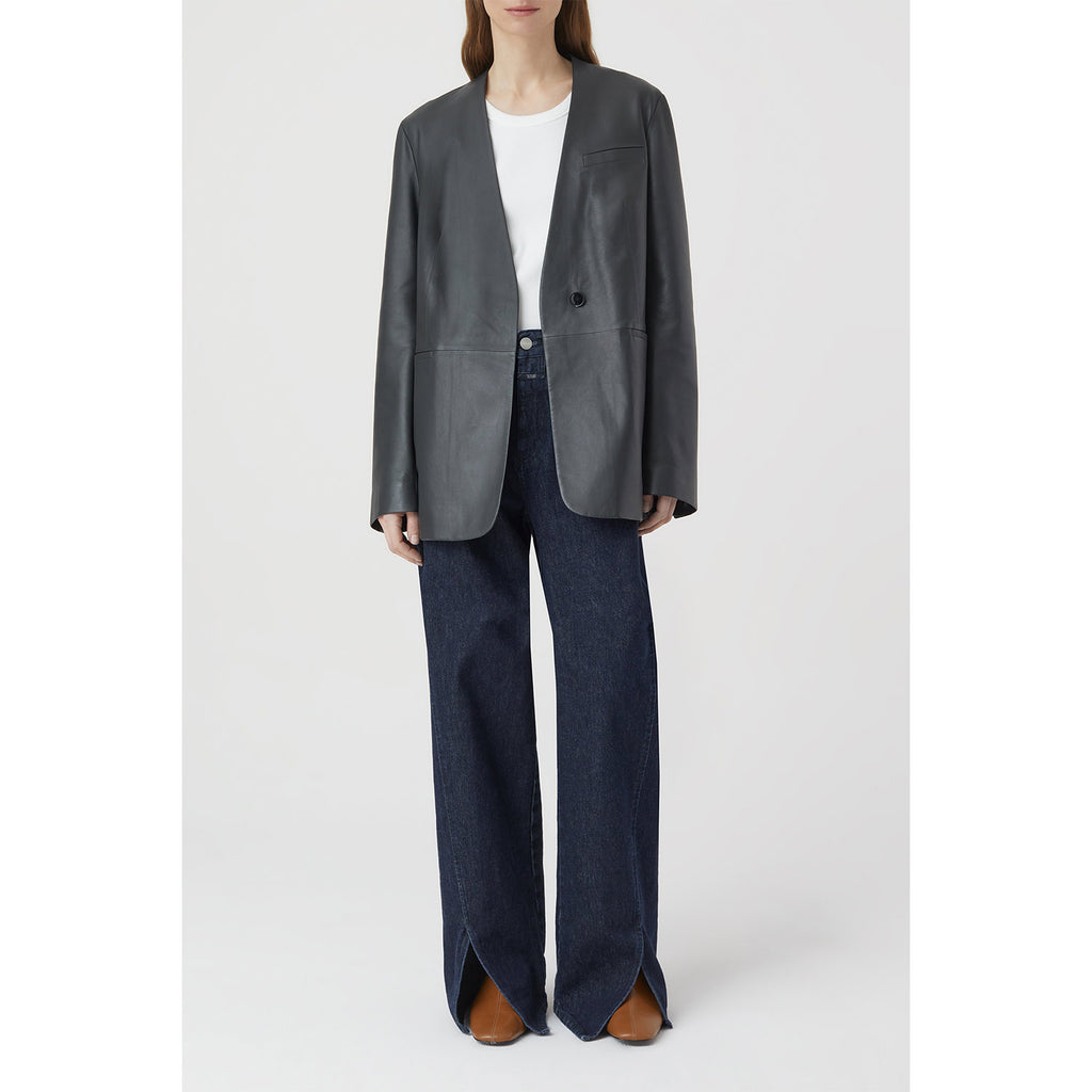 Collarless leather blazer dk grey