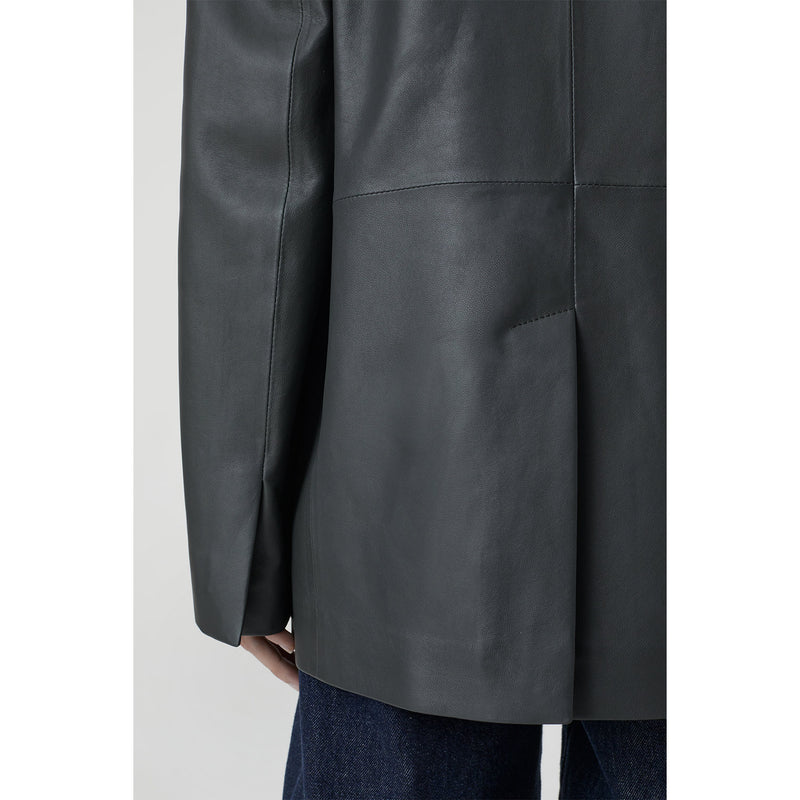Collarless leather blazer dk grey