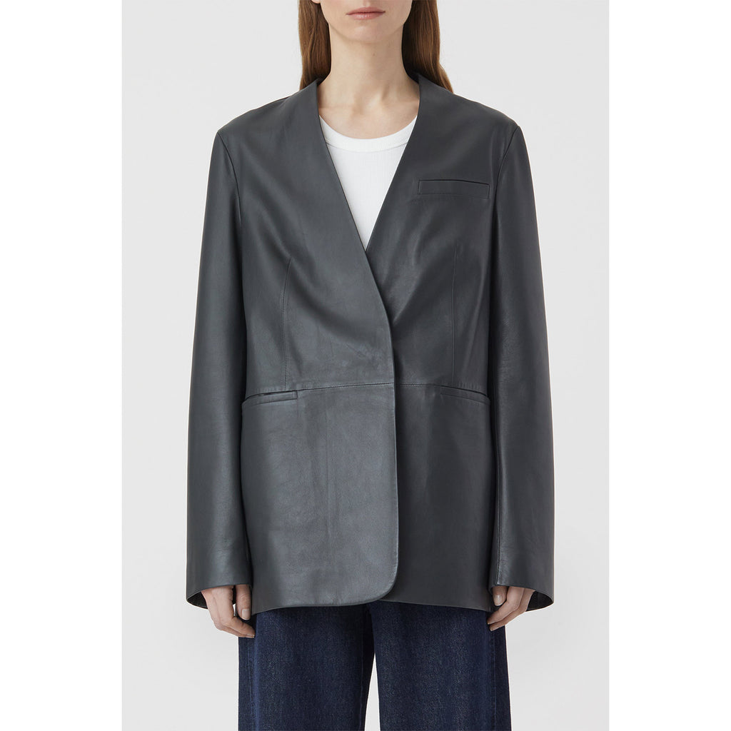 Collarless leather blazer dk grey